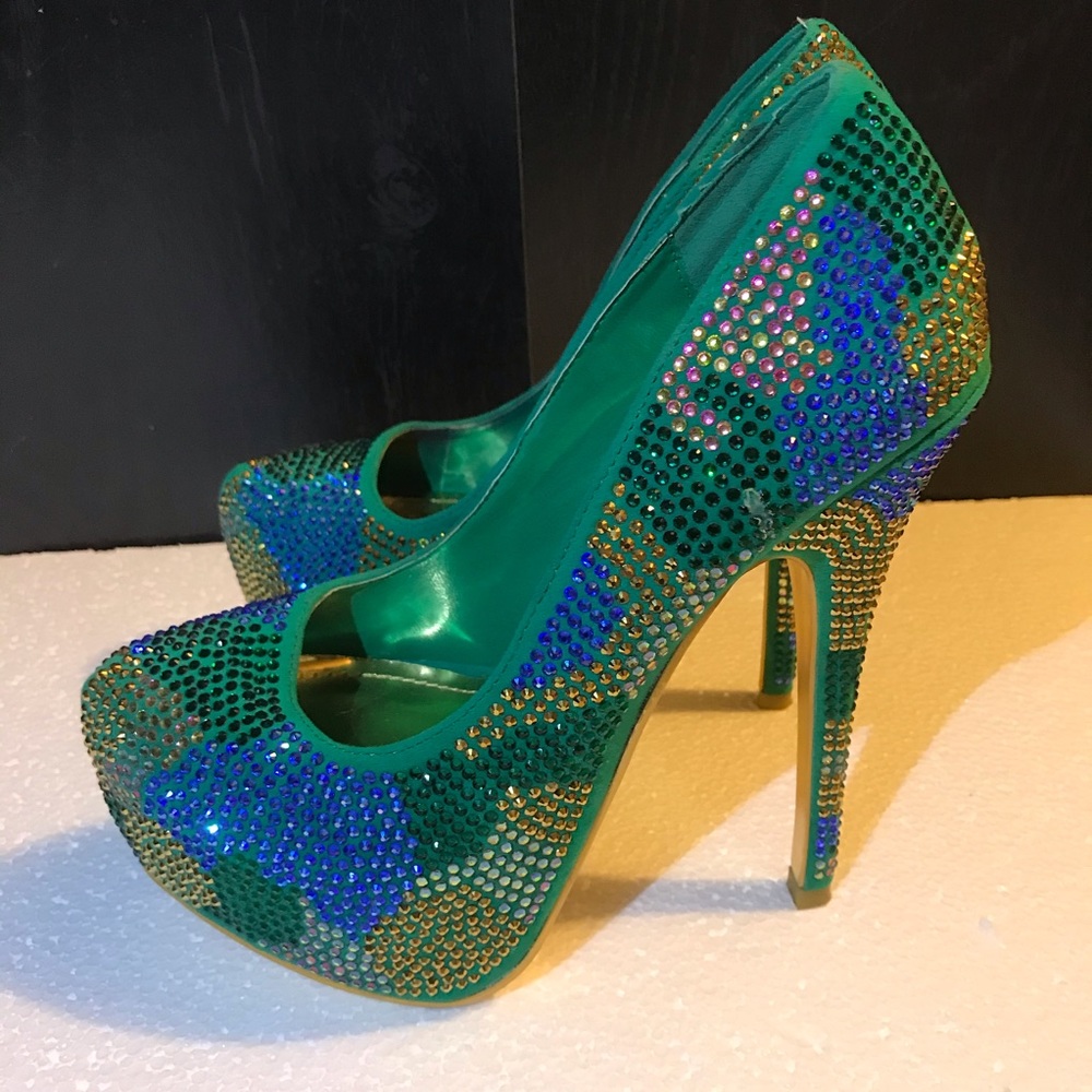 Blue Green Rhinestone Embellished 6” Pumps Heels